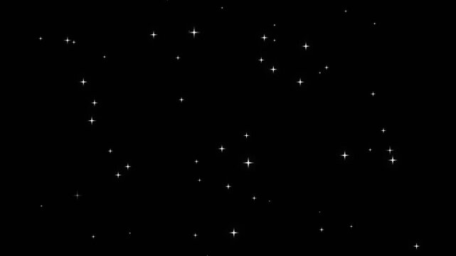 Night starry sky with twinkling glowing white stars floating in galaxy space, shimmering starburst light fields creating a luxury dark blue cosmic motion background animation