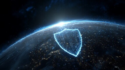 Digital shield overlaying an illuminated Earth, representing global network security in space