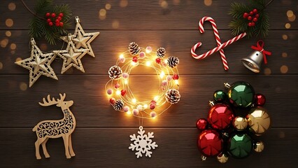 Christmas Decor Flat Lay Wreath Stars Candy Canes Ornaments Reindeer on Wood.