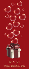 a light gift box with a red bow and transparent hearts on a solid red background with the inscription "happy Valentine's day"