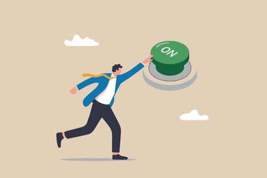 Businessman running to press the start button to begin a new project or opportunity