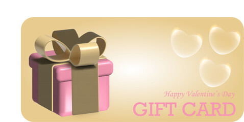 Pink gift box with a golden bow and transparent hearts on a gold glitter background with the inscription "happy Valentine's day", gift card