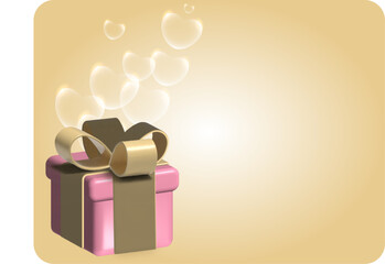 Pink gift box with golden bow and transparent hearts on gold glitter background with copy space