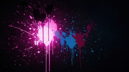 Neon pink and blue paint splatters and drips exploding against a dark black background, abstract digital art