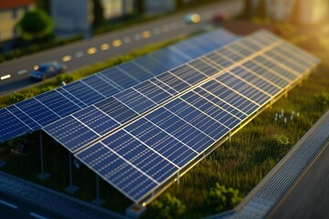 Fototapeta premium Rows of solar panels capturing sunlight in a miniature model of a sustainable urban environment, promoting renewable energy solutions