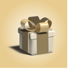 a light gift box with a golden bow on a background of golden glitter , a postcard