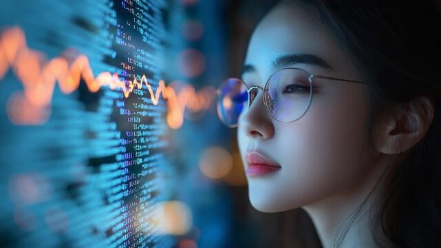 asian female software developer with ai big data screen video