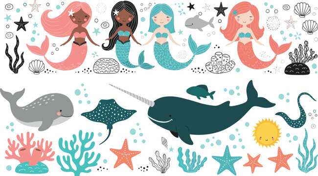 Cute mermaids and sea animals illustration set with whales narwhal coral shells stars in flat cartoon vector style