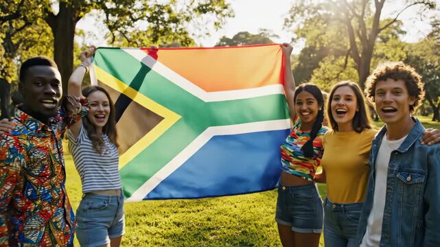 Happy multi-ethnic group of young adults holding a South African flag in a sunny park. Concept of unity and patriotism