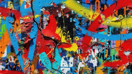 Vibrant colorful graffiti wall texture background with cracks and paint splatters