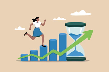 Woman running up graph bars with hourglass and upward arrow