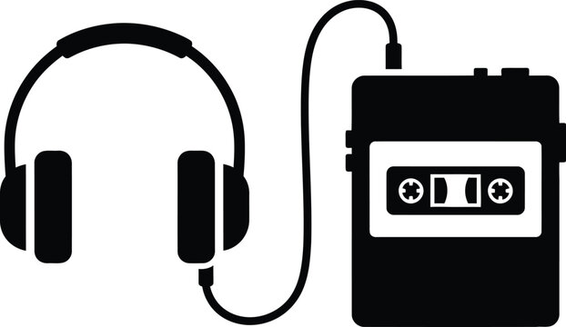 Retro Portable Cassette Tape Player and Over-Ear Headphones Silhouette Vector Illustration