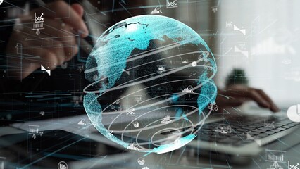 A mesmerizing digital globe surrounded by data visualizations and charts represents the interconnectedness of modern business and technology in a dynamic work environment. Xenic