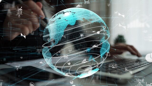 A mesmerizing digital globe surrounded by data visualizations and charts represents the interconnectedness of modern business and technology in a dynamic work environment. Xenic - Powered by Adobe