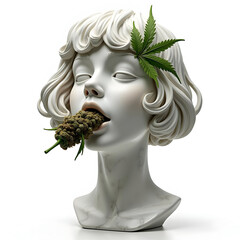 Marble statue head with cannabis flower and leaf