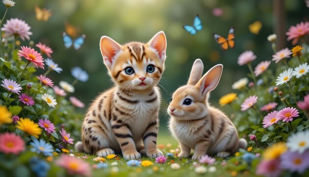 a cute baby cheeta and cute baby rabbit are sit in a garden surrounded by colourfull butterflies and flowers