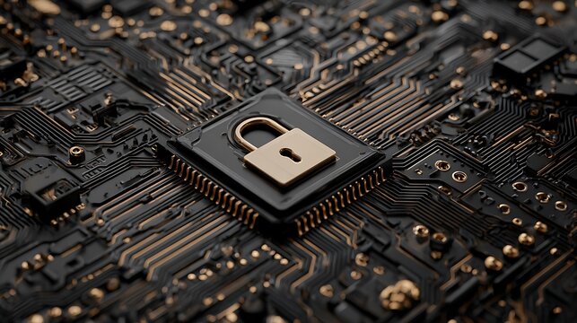 Close-up of a central processing unit (CPU) featuring a gold padlock overlay - Powered by Adobe