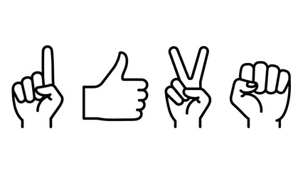 Obraz premium Set of Outline Hand Gestures Including Point Up, Thumbs Up, Peace Sign, and Clenched Fist on Isolated White Background