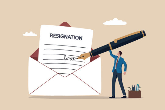 A man signs a resignation letter, symbolizing the end of his employment and a new career path