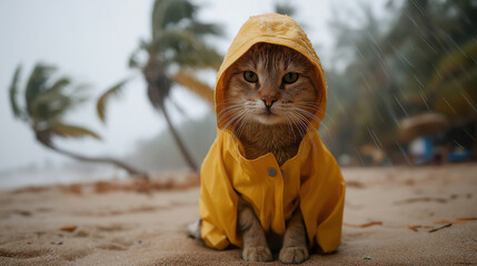 Ginger cat wearing yellow raincoat sitting on windy tropical beach