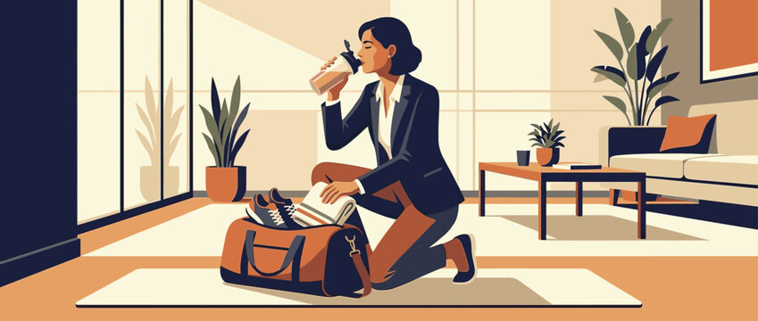 Businesswoman in a suit kneeling on the floor packs her gym bag with sneakers and a towel while drinking from a shaker bottle in her modern living room