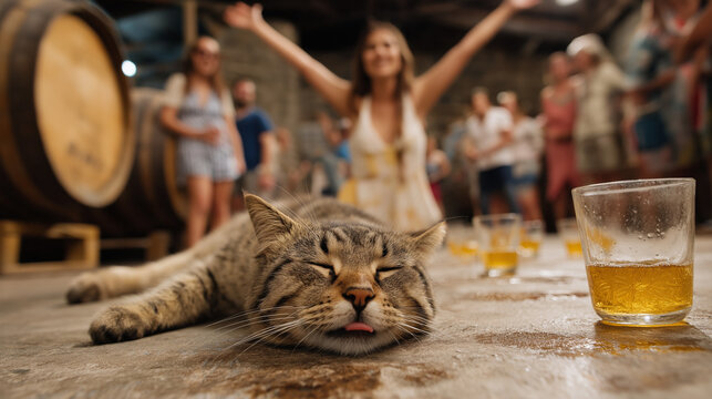 Exhausted cat sleeping on floor beside glasses at lively winery gathering