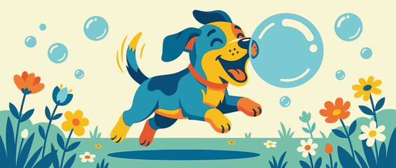 Obraz premium Happy blue and yellow cartoon puppy with a red collar jumps joyfully through a field of colorful flowers while playfully chasing large soap bubbles in a whimsical illustration