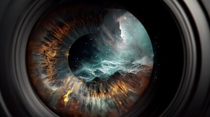 Surreal composite image human eye framing an expansive, cosmic landscape of nebulas and stars