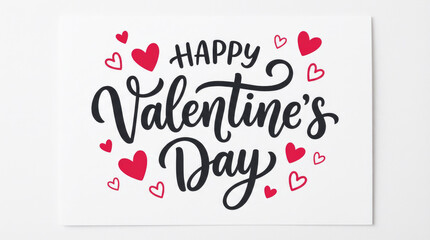 Happy valentines day text in black script surrounded by small red and pink hearts on a white rectangular card