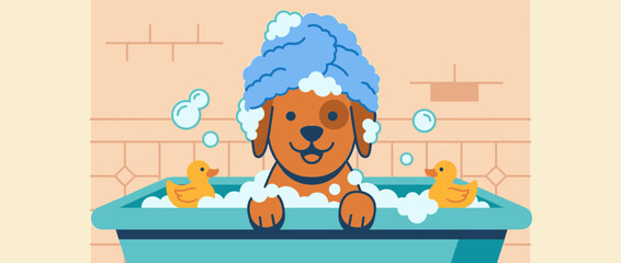 Fototapeta premium Happy illustrated brown dog enjoying a bubble bath with a sudsy cap on its head, sitting in a blue bathtub with two yellow rubber ducks and floating soap bubbles