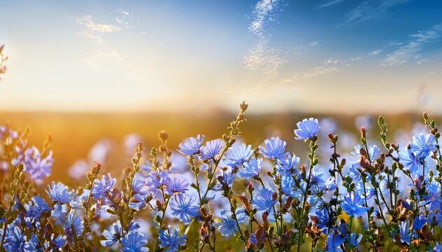 blue flowers of chicory common chicory cichorium intybus summer landscape