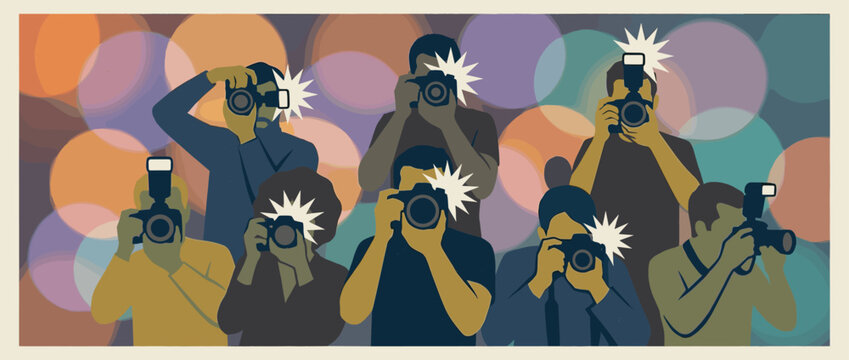Group of stylized paparazzi photographers taking pictures with flashing cameras at a glamorous event, depicted in a flat, retro illustration style with a muted color palette