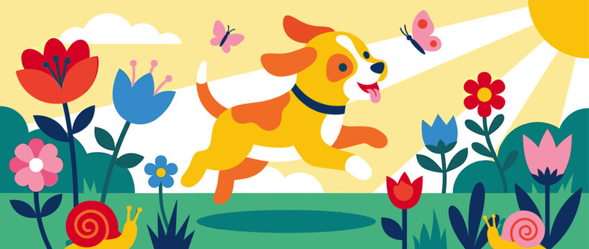 Playful yellow and orange puppy with a blue collar leaps through a colorful garden filled with flowers, butterflies, and snails under a bright sun