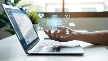 Digital healthcare technology with virtual cross and health icons above hand