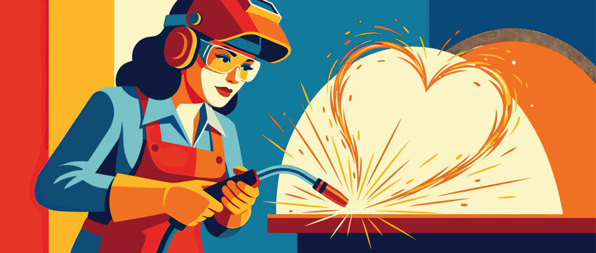 Skilled woman welder in a helmet and goggles creates a romantic heart symbol with fiery sparks from her welding tool in a vibrant, retro pop art style illustration