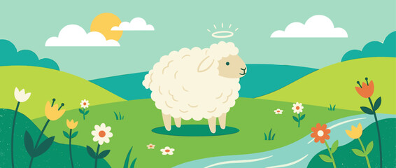 Cute white fluffy sheep with a halo stands peacefully in a beautiful spring landscape with rolling green hills, colorful flowers, and a flowing river under a sunny sky