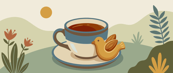 Blue and beige ceramic cup of coffee with a bird-shaped cookie on its saucer sits in a serene, illustrated landscape with rolling hills, flowers, and a warm sun