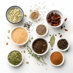 Assortment of colorful spices and herbs arranged in small white bowls on transparent background
