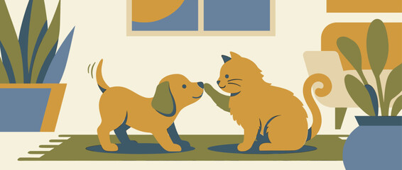Cute puppy and a friendly kitten touching paws in a high five gesture inside a cozy living room, a modern flat vector illustration with a warm and muted color palette
