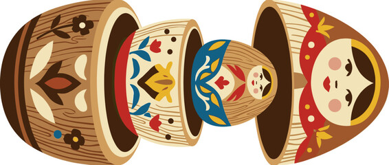 Traditional wooden matryoshka nesting dolls painted with colorful floral folk art are deconstructed in a horizontal row, revealing the inner layers of the classic toy
