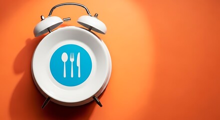 White alarm clock face transforms into a dinner plate symbolizing intermittent fasting time management concept