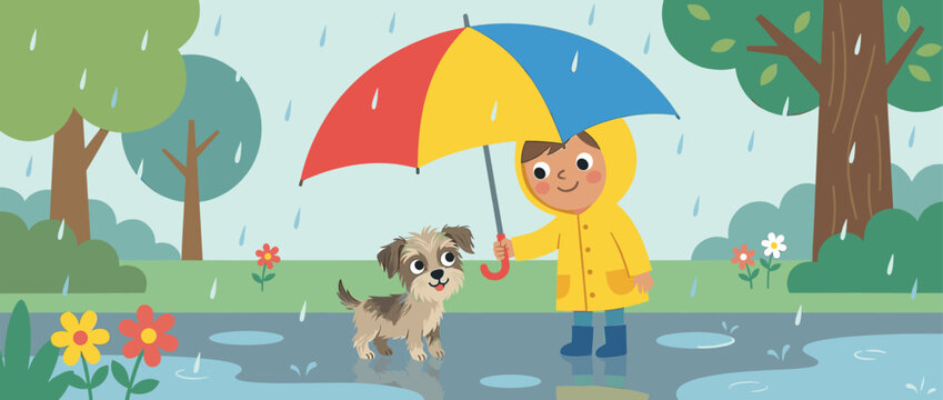 Happy cartoon child in a yellow raincoat and a cute puppy stand under a colorful umbrella during a cheerful spring shower in a green park with puddles and flowers