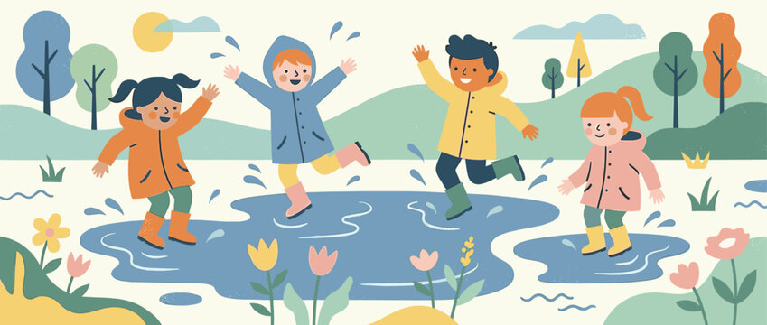 Four happy diverse children in colorful raincoats and rubber boots are joyfully jumping and splashing in a puddle on a sunny day in a beautiful park, a cute flat vector illustration
