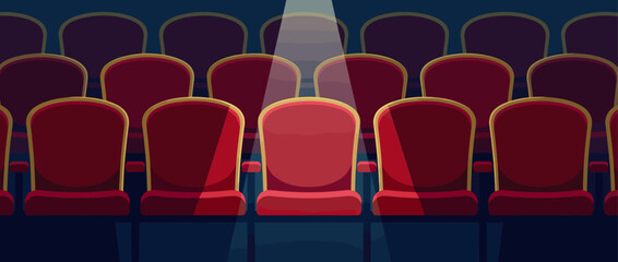Fototapeta premium Rows of empty red velvet theater seats with gold trim fill a dark auditorium, with a single bright spotlight shining down on a central chair reserved for a special guest
