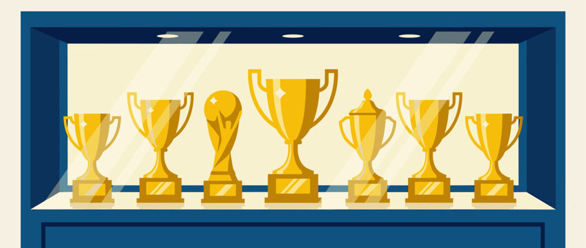 Seven different golden championship trophy cups standing proudly on a shelf inside a blue display case, a flat vector illustration symbolizing success and winning
