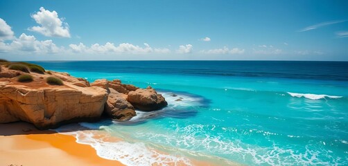 Serene coastal escape with golden sand and azure waves under the summer sun, evoking blissful freedom and holiday joy and relaxation,  horizon,  nature