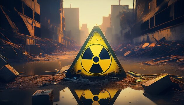 the nuclear hazard sign stands as a stark reminder of potential danger in the ruined city