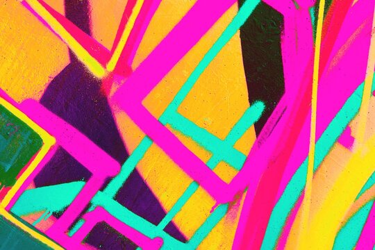 Neon geometric pattern in vibrant pink, orange, cyan on textured surface. Retro 80s, Y2K style, fluorescent pop. Posters, digital art, funky banner, modern graphics.