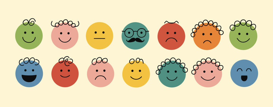 colorful round comic faces showing different emotions in crayon drawing style, flat cartoon characters, hand-drawn vector illustrations for fun and creative projects.