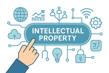 The concept of business, technology, internet, and networks is displayed on a virtual screen of the future, which reads &ldquo;Intellectual property